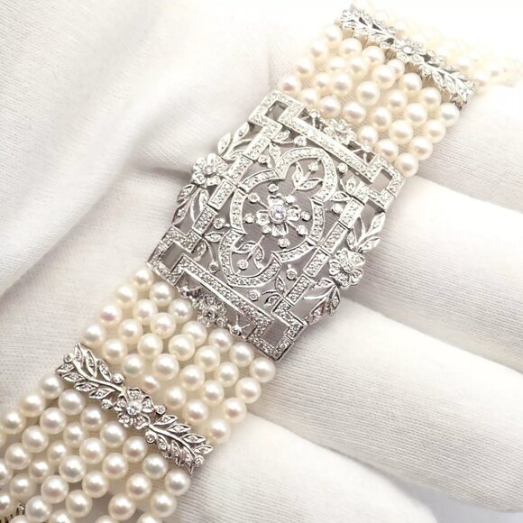 Vintage Estate 18k White Gold Diamond 7 Row 4.5mm Pearl Bracelet - Picture 10 of 15